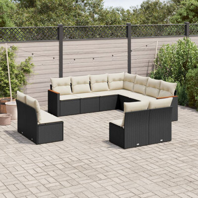 VidaXL Garden Sofa Set Black Cream White PE Rattan Powder-Coated Steel
