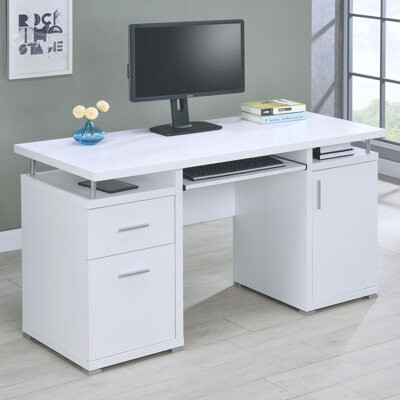 Latitude Run Rochelle White Computer Desk with 2 Drawers and Cabinet, Perfect for Ergonomic Comfort and Organized Workspaces.
