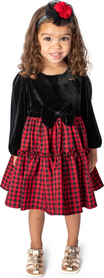Kids' Check Long Sleeve Velvet Bodice Tiered Dress