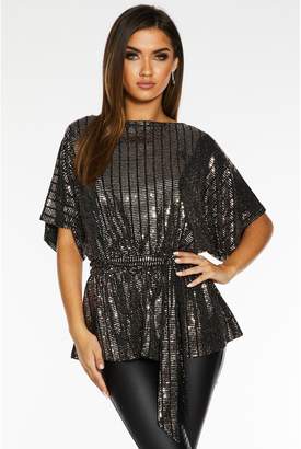 Quiz X Sam Faiers Sequin Batwing Belted Top - Black