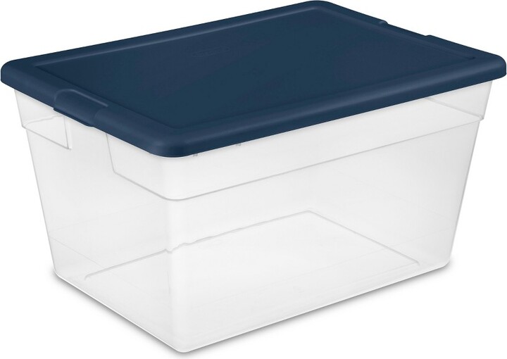 Sterilite Stackable 56 Quart Clear Home Storage Box with Handles and Marine Blue Lid for