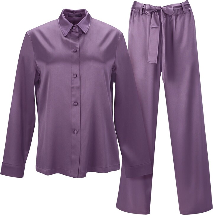 cheibear Women's Satin Button Down Long Sleeve Silky Boyfriend Nightshirt  Purple Large