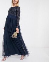 Thumbnail for your product : Maya Maternity Bridesmaid long sleeve maxi tulle dress with tonal delicate sequins in navy