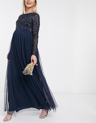 Maya Maternity Bridesmaid long sleeve maxi tulle dress with tonal delicate sequins in navy