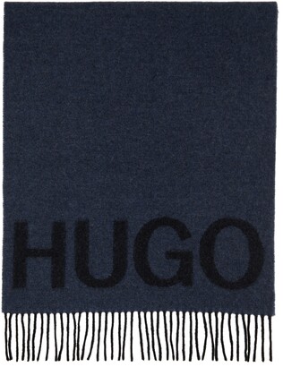 HUGO BOSS Blue & Black Wool Logo Scarf