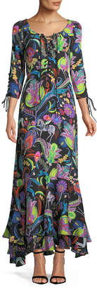 Etro Multicolor Floral-Print Lace-Up Silk-Blend Gown w/ Tiered Hem