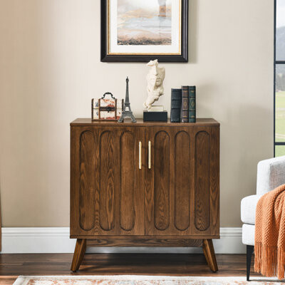 George Oliver Fluted Storage Cabinet With Adjustable Shelves & Solid Wood Legs - Outlet Hole For Living Room Entryway Walnut Elegant Entryway Room