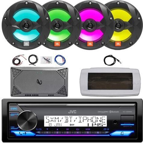 JVC KD-X38MBS Single-DIN Marine Bluetooth USB/AUX LED AM/FM SiriusXM Ready Stereo Receiver W/White Cover, 4x 6.5' 225W Max Power 2-Way Black Boat...