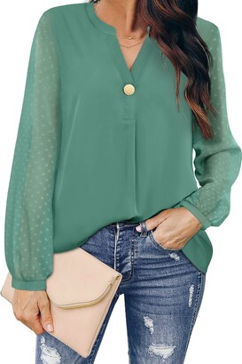 MCKOL Womens Blouses and Tops Dressy Long Sleeve Blouses for Women Business  Casual Loose Button Down V Neck Shirts Dressy Flowy Chiffon Tunic Tops Work  Clothes for Women Office Blue XXL -