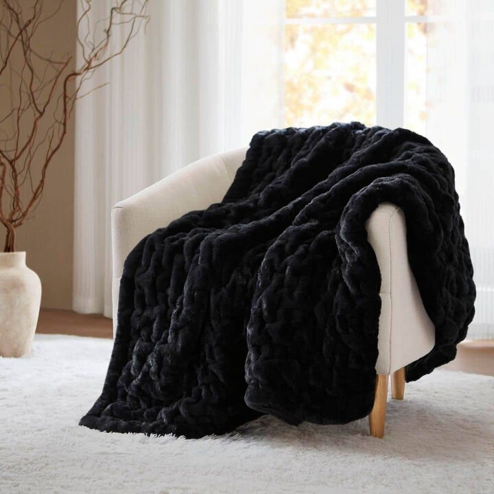 Madison Home USA Ruched Fur Black Polyester Throw Blanket