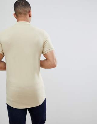 BEIGE Asos Design ASOS DESIGN longline muscle fit jersey polo with curved hem in