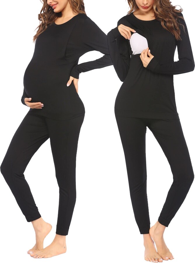 Ekouaer Maternity & Nursing Thermal Underwear Set Striped Knit Long