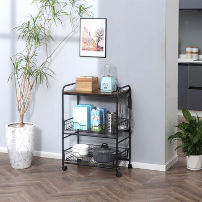 Trent Austin Design 3 Tier Rolling Kitchen Cart With Storage, Kitchen Island Cart On Wheels With 2 Sliding Fruit Baskets, Microwave Cart With Side Hooks For Dining Room