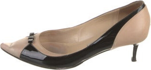 Jimmy Choo Leather Pumps Neutrals Colorblock Pattern Patent Leather Trim Semi-Pointed Toes with Bow Accents
