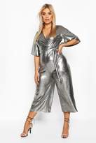 Thumbnail for your product : boohoo Plus Metallic Wrap Angel Sleeve Belted Culotte Jumpsuit