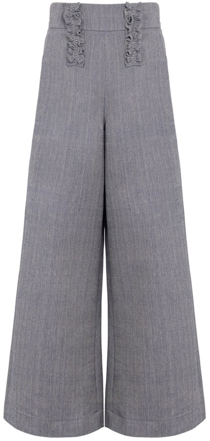 VAAI - Blue Herringbone Cotton Ruffle Trousers - ShopStyle