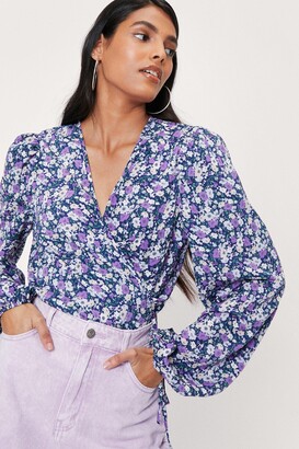 Nasty Gal Womens Floral Print Balloon Sleeve Wrap Blouse - Purple - 6 -  ShopStyle Tops