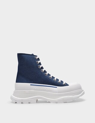 Alexander McQueen Tread Slick Sneakers in Indigo Blue Leather and White Rubber Sole