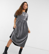 Thumbnail for your product : ASOS DESIGN DESIGN Petite gathered neck midi smock dress in silver glitter