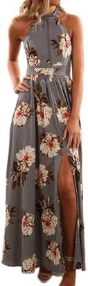 Suvimuga Women's Summer Maxi Dress Floral Halter Backless Slit Boho Beach Party Dresses Grey L