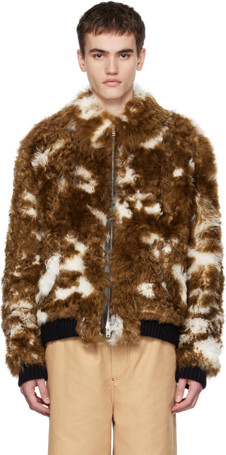 DKNY Men's Shearling Bomber Jacket with Faux Fur Collar - Real Leather  Garments