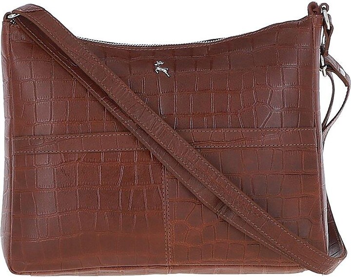 Ashwood Leather Tab Zip Top Croc Print Real Leather Crossbody Bag