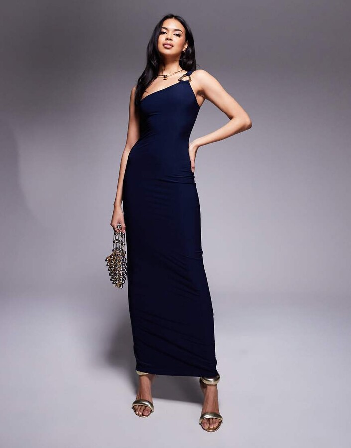 Kaiia exclusive double layered slinky one shoulder metal ring detail maxi dress in navy