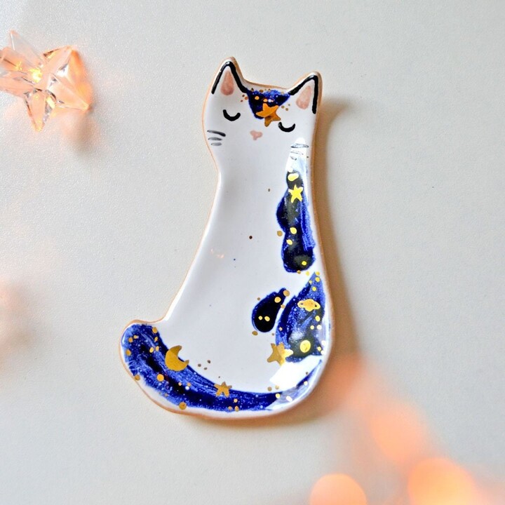 Celestial Cat Ring Dish, Decorated With Gold, Galaxy Trinket Ceramic Jewellery Storage, Tiny Holder
