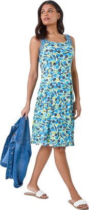 Roman Originals Fit & Flare Dress for Women UK - Ladies Patchwork Geometric Tropical Floral Print Skater Stretch Jersey Swing Strappy Flattering Casual Summer Sleeveless - Blue Yellow White - Size 12