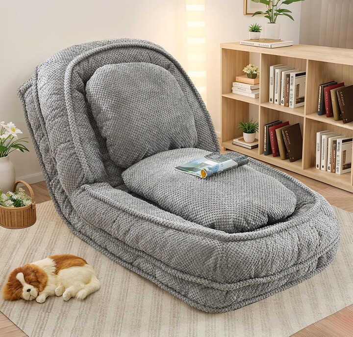 AENKYO Sofa Bed & Bean Bag Chair - Lazy Convertible Human Dog Bed for Adults/Pets with Removable Pillows - Gray