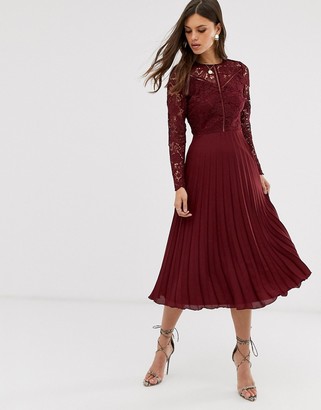 ASOS DESIGN long sleeve lace bodice midi dress with pleated skirt