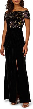 Sequin Velvet Off Shoulder Cap Sleeve Gown