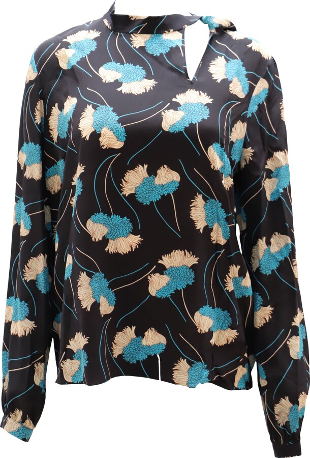 Rochas Long Sleeve Floral Print Blouse in Black Silk