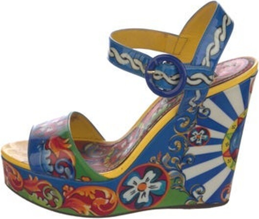 Dolce & Gabbana Patent Leather Sandals Blue Carretto Print Platform Buckle Closure at Ankles