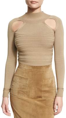 Cushnie Ribbed Mock-Neck Thong Bodysuit with Cutouts, Beige