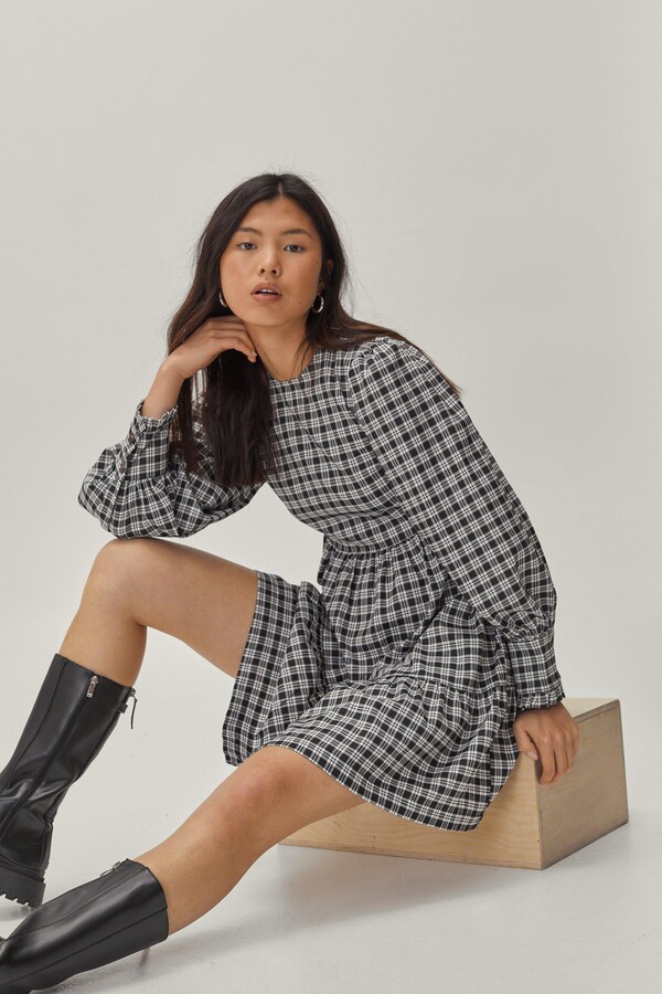 Nasty Gal Womens Check Tiered Puff Sleeve Mini Dress - ShopStyle