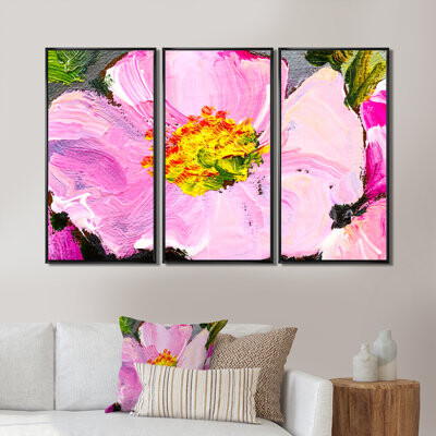 Red Barrel Studio Pink Flower Oil Painting - Floral Framed Canvas Wall Art Set Of 3