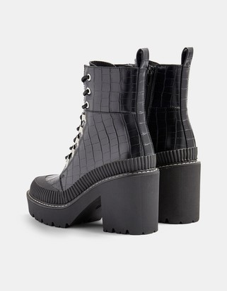 Topshop heeled platform lace up boots in black croc