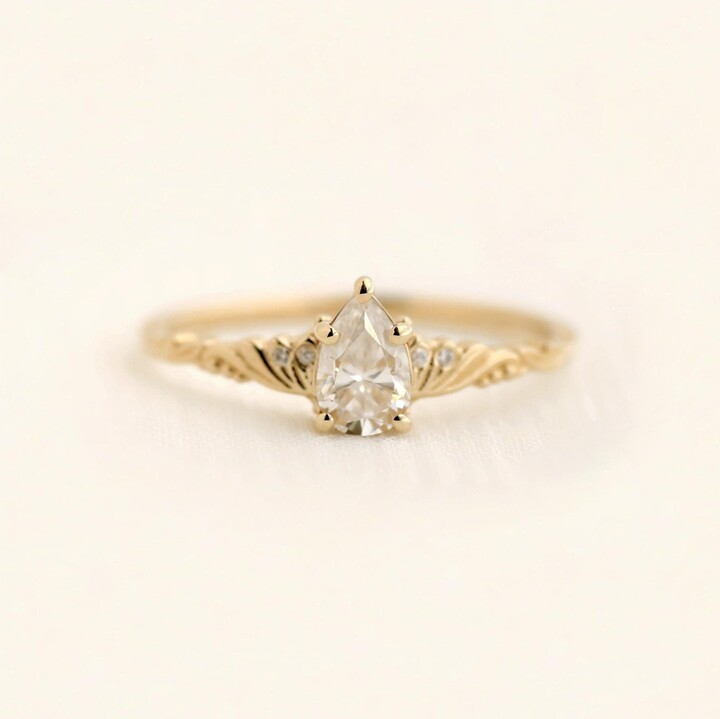 Foliate Ring, Engagement Wedding Solitaire Pear Cut Diamond Moissanite Gold Silver Leaf Ring