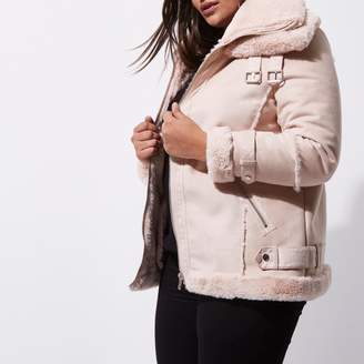 River Island Womens Plus Pink faux fur trim aviator jacket