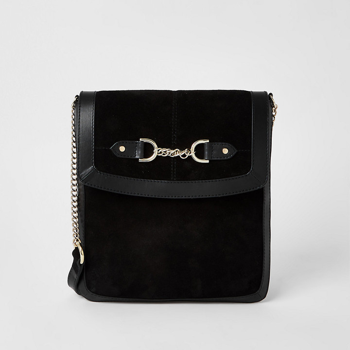 River Island Black suede chain snaffle messenger bag ShopStyle