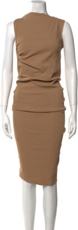 Lanvin Linen Sheath Dress Neutrals Ruffle Embellishment Sleeveless with Bateau Neckline Concealed Zip Closure at Back Designer