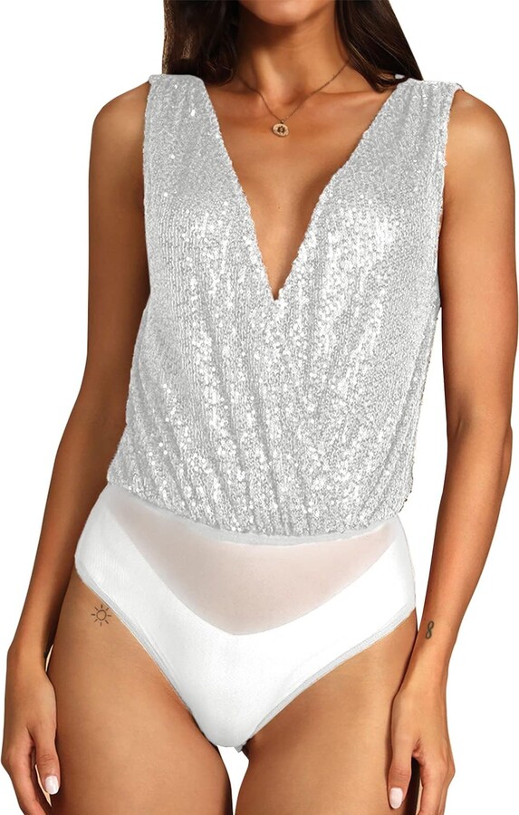 FAIABLE Sequin Tops Bodysuit for Women Sparkly Tops Sleeveless Tank Top  Deep V Backless Sexy Bodysuit for Women - ShopStyle Shapewear