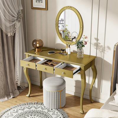 Luxury Makeup Vanity Desk With Oval Mirror, 3-Drawer Dressing Table For Jewelry Storage, Elegant Console Table For Entryway, Living Room & Bedroom, St