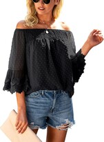 Thumbnail for your product : Kirundo Women's 2023 Spring Summer Off The Shoulder Tops Swiss Dot 3/4 Bell Sleeves Casual Chiffon Blouse Ruffle Tunic Top(Medium