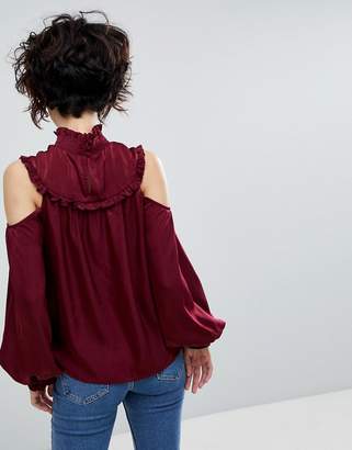 J.o.a. Cold Shoulder Long Sleeve Top With High Shirred Neck