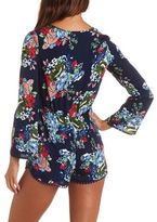 Thumbnail for your product : Charlotte Russe Pom-Pom Trimmed Floral Print Long Sleeve Romper