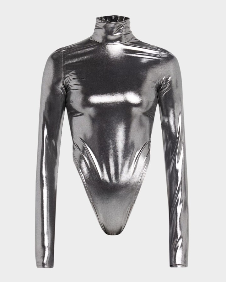 LaQuan Smith Mock-Neck Shiny Jersey Long-Sleeve Bodysuit