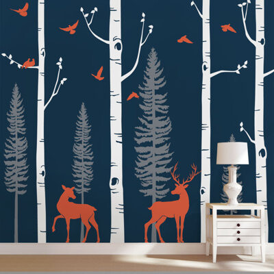 Simple Shapes Birch Tree with Birds and Deer Wall Decal