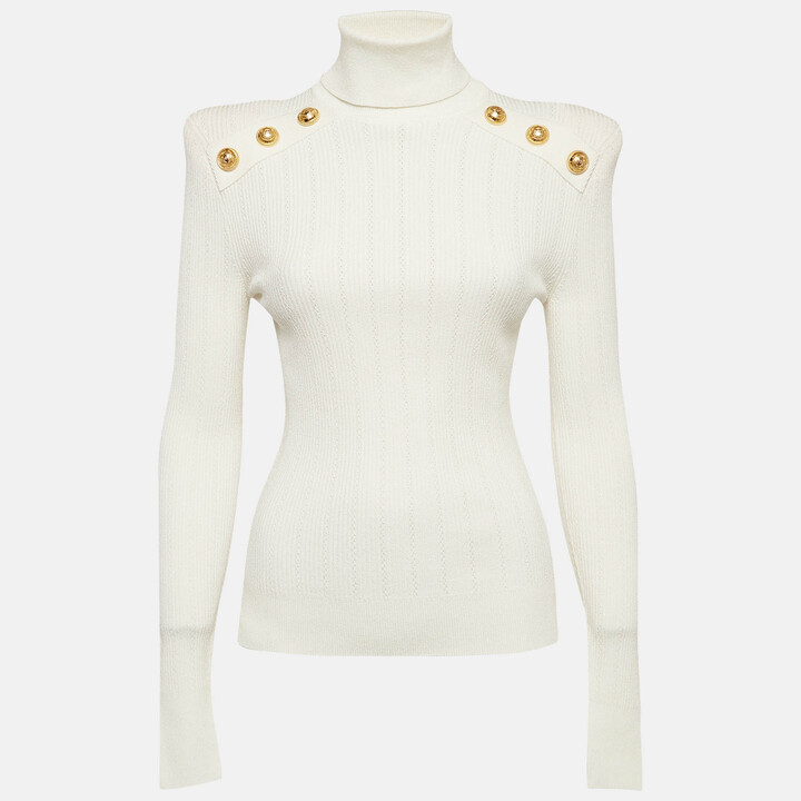 Balmain White Rib Knit Structured Shoulders Turtleneck Sweater M